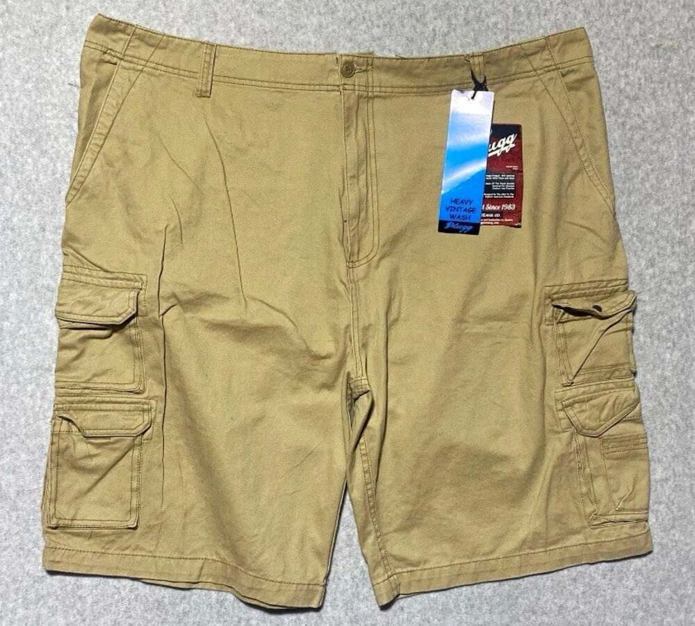 Plugg Mens Beige Cotton Canvas Cargo Shorts Relaxed Fit Zip Vintage Wash 13"